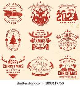 Set of Merry Christmas and 2021 Happy New Year stamp, sticker set with snowflakes, hanging christmas ball, santa hat, candy. Vector. Vintage typography design for xmas, new year emblem in retro style.