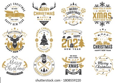 Set of Merry Christmas and 2021 Happy New Year stamp, sticker Set quotes with snowflakes, snowman, santa claus, candy, sweet candy, truck. Vector. Vintage typography design for xmas, new year emblem