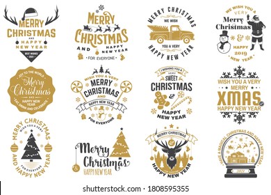 Set of Merry Christmas and 2021 Happy New Year stamp, sticker Set quotes with snowflakes, snowman, santa claus, candy, sweet candy, cookies. Vector. Vintage typography design for xmas, new year emblem