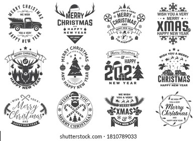 Juego de Feliz Navidad y sello de Año Nuevo Feliz 2021, sticker Set de citas con copos de nieve, muñeco de nieve, santa claus, caramelos, dulces, camión. Vector. Diseño de tipografía de época para navidad, emblema de año nuevo