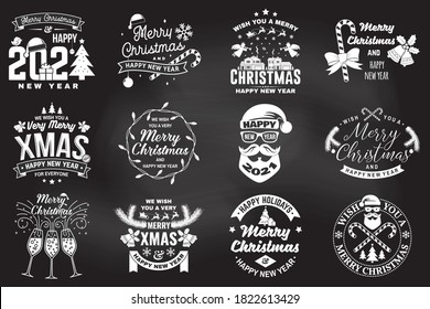 Set of Merry Christmas and 2021 Happy New Year's stamps, sticker set quotes, snowflakes, snowman, santa claus, candy, sweet candy, truck. Vector. Vintage typography design for xmas, new year emblem