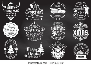 Set of Merry Christmas and 2021 Happy New Year's stamps, sticker set quotes, snowflakes, snowman, santa claus, candy, sweet candy, truck. Vector. Vintage typography design for xmas, new year emblem