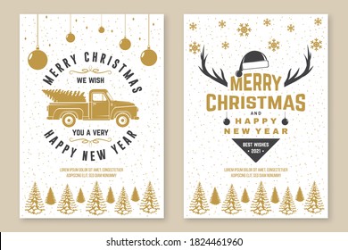 Juego de Feliz Navidad y Feliz Año Nuevo 2021 con afiches, volante, tarjetas de felicitación de los cantantes. Está decorado con copos de nieve y una recogida de navidad. Vector. Diseño de tipografía de época para navidad, emblema de año nuevo