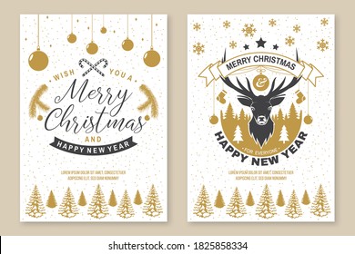 Set of Merry Christmas and 2021 Happy New Year poster, flyer, greeting cards. Set quotes with snowflakes, sweet christmas candy, deer. Vector. Vintage typography design for xmas, new year emblem