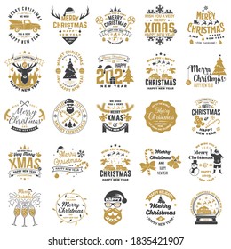 Juego de Feliz Navidad y sello de Año Nuevo Feliz 2021, sticker Set de citas con copos de nieve, muñeco de nieve, santa claus, caramelos, dulces, camión. Vector. Diseño de tipografía de época para navidad, emblema de año nuevo