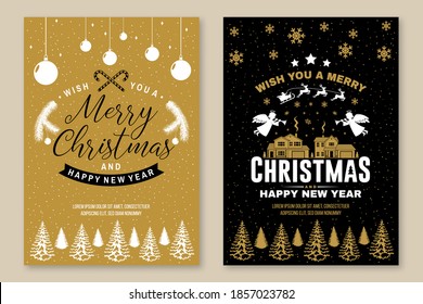 Set of Merry Christmas and 2021 Happy New Year poster, flyer, greeting cards. Set quotes with snowflakes, angels, santa claus, deer and christmas gifts. Vector Vintage design for xmas, new year emblem