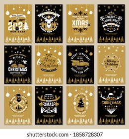 Set of Merry Christmas and 2021 Happy New Year poster, flyer, greeting cards. Set quotes with snowflakes, antler, gift, christmas pickup. Vector. Vintage typography design for xmas, new year emblem