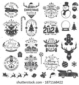 Set of Merry Christmas and 2021 Happy New Year stamp sticker Set quotes with snowflakes, snowman, santa claus, candy, sweet candy, cookies. Vector. Vintage typography design for xmas, new year emblem