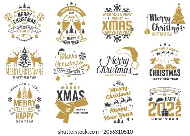 Set of Merry Christmas and 2022 Happy New Year stamp, sticker Set quotes with snowflakes, snowman, santa claus, candy, sweet candy. Vector. Vintage typography design for xmas, new year emblem.