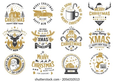 Set of Merry Christmas and 2022 Happy New Year stamp, sticker Set quotes with snowflakes, snowman, santa claus, candy, sweet candy, cookies. Vector Vintage typography design for xmas, new year emblem.