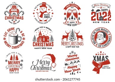 Set of Merry Christmas and 2022 Happy New Year stamp, sticker Set quotes with snowflakes, snowman, santa claus, candy, sweet candy, cookies. Vector Vintage typography design for xmas, new year emblem.