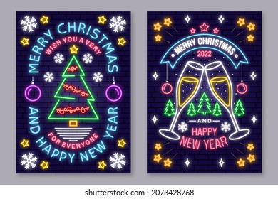 Set of Merry Christmas and 2022 Happy New Year posters in neon style. Collection of neon signs, design template, brochure, glowing poster. Bright neon advertising of xmas, Christmas and new year