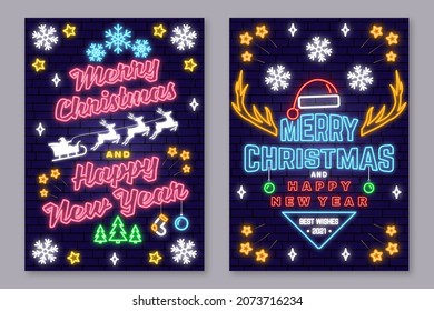 Set of Merry Christmas and 2022 Happy New Year posters in neon style. Collection of neon signs, design template, brochure, glowing poster. Bright neon advertising of xmas, Christmas and new year