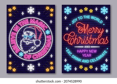 Set of Merry Christmas and 2022 Happy New Year posters in neon style. Collection of neon signs, design template, brochure, glowing poster. Bright neon advertising of xmas, Christmas and new year