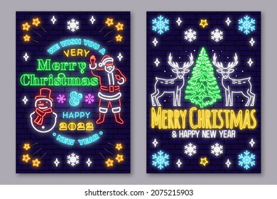 Set of Merry Christmas and 2022 Happy New Year posters in neon style. Collection of neon signs, design template, brochure, glowing poster. Bright neon advertising of xmas, Christmas and new year