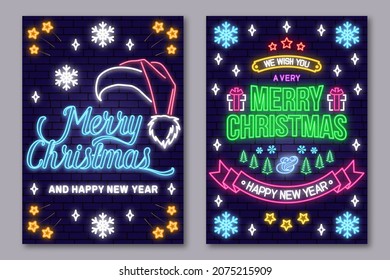 Set of Merry Christmas and 2022 Happy New Year posters in neon style. Collection of neon signs, design template, brochure, glowing poster. Bright neon advertising of xmas, Christmas and new year