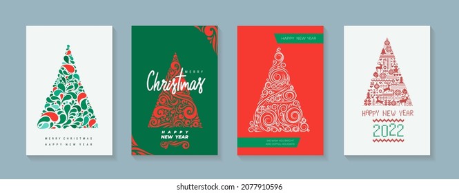 Set of Merry Christmas and 2022 Happy New Year greeting cards, holiday covers. Modern design Xmas with Christmas tree, decoration elements pattern in green, red, white colors. Vector illustration.