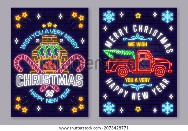 Set of Merry Christmas and 2022 Happy New Year\
posters in neon style. Collection of neon signs, design template,\
brochure, glowing poster. Bright neon advertising of xmas,\
Christmas and new year