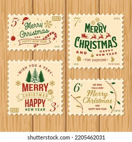 Set of Merry Christmas and 2023 Happy New Year retro postage stamp with snowflakes, snowman, santa claus, candy, sweet candy. Vector. Vintage typography design for xmas, new year emblem.