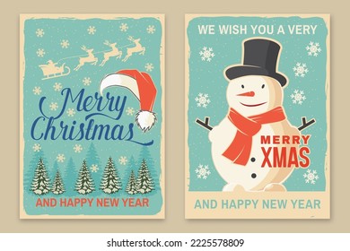 Set of Merry Christmas and 2023 Happy New Year poster, flyer, greeting cards with star, christmas snowman and christmas tree. Vector. Design for xmas, new year.