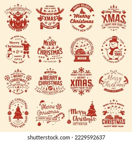 Set of Merry Christmas and 2023 Happy New Year stamp, sticker Set quotes with snowflakes, snowman, santa claus, candy, sweet candy, cookies. Vector Vintage typography design for xmas, new year emblem.