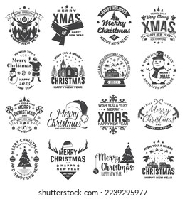 Set of Merry Christmas and 2023 Happy New Year stamp, sticker Set quotes with snowflakes, snowman, santa claus, candy, sweet candy, cookies. Vector Vintage typography design for xmas, new year emblem.