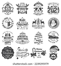 Set of Merry Christmas and 2023 Happy New Year stamp, sticker Set quotes with snowflakes, snowman, santa claus, candy, sweet candy, cookies. Vector Vintage typography design for xmas, new year emblem.