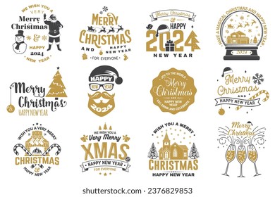 Set of Merry Christmas and 2024 Happy New Year stamp, sticker Set quotes with snowflakes, snowman, santa claus, candy, sweet candy, catholic church. Vector. Vintage typography design for xmas, new