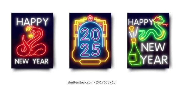 Set of Merry Christmas and 2025 Happy New Year posters in neon style.