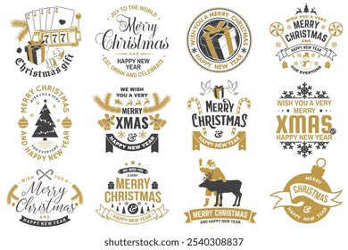 Set of Merry Christmas and 2025 Happy New Year stamp, sticker Set quotes with snowflakes, snowman, santa claus, candy, sweet candy, cookies. Vector. Vintage typography design for xmas, new year emblem