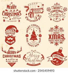 Set of Merry Christmas and 2025 Happy New Year stamp, sticker Set quotes with snowflakes, snowman, santa claus, candy, sweet candy, cookies. Vector. Vintage typography design for xmas, new year emblem