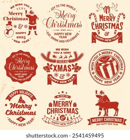 Set of Merry Christmas and 2025 Happy New Year stamp, sticker Set quotes with snowflakes, snowman, santa claus, candy, sweet candy, cookies. Vector. Vintage typography design for xmas, new year emblem