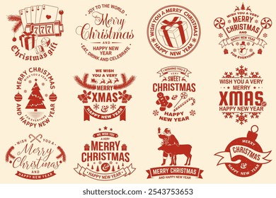 Set of Merry Christmas and 2025 Happy New Year stamp, sticker Set quotes with snowflakes, snowman, santa claus, candy, sweet candy, cookies. Vector. Vintage typography design for xmas, new year emblem