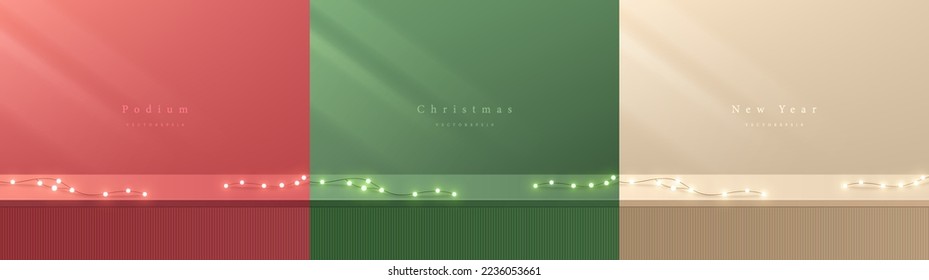 Set of merry christmas 3D background with red, cream, green realistic tables desk, stand podium. Neon bulb lighting. Vector geometric forms. Mockup product display. Minimal wall scene. Stage showcase.