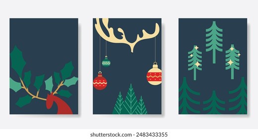 Conjunto de Vector de cubierta de fondo de Feliz Navidad. Elementos de árbol de navidad, acebo, cornamenta, bola colgante sobre fondo azul marino. Diseño para Anuncio, tarjeta, portada, cartel, publicidad.