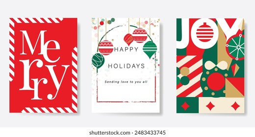 Set of Merry christmas background cover vector. Elements of wreath, hanging ball, snowflake, gift box on green, white and red background. Design for flyer, greeting card, poster, advertising.