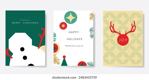 Set of Merry christmas background cover vector. Elements of snowman, pine leaves, hanging ball, snowflake on green, white and beige background. Design for flyer, greeting card, poster, advertising.