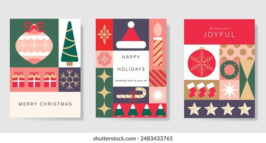 Conjunto de Vector de cubierta de fondo de Feliz Navidad. Elementos de árbol de navidad, regalo, calcetín, bastón de caramelo, bola, sombrero, copo de nieve sobre fondo beige. Diseño para flyer, tarjeta de felicitación, cartel, publicidad.