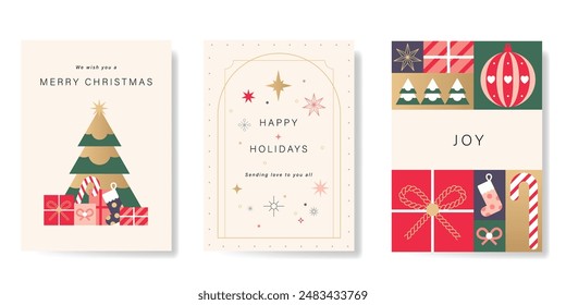 Conjunto de Vector de cubierta de fondo de Feliz Navidad. Elementos de árbol de navidad, regalo, calcetín, bastón de caramelo, bola, copo de nieve sobre fondo beige. Diseño para flyer, tarjeta de felicitación, cartel, publicidad.