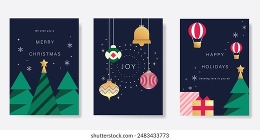 Set von Frohe Weihnachten Hintergrund Cover Vektorgrafik. Elemente von Weihnachtsbaum, Schneeflocke, Ballon, Geschenke, hängende Kugel auf marineblauem Hintergrund. Design für Flyer, Grußkarte, Poster, Werbung.