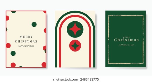 Set of Merry christmas background cover vector. Elements of ball, gold texture, golden frame, circle shape on green and beige background. Design for flyer, greeting card, poster, advertising.