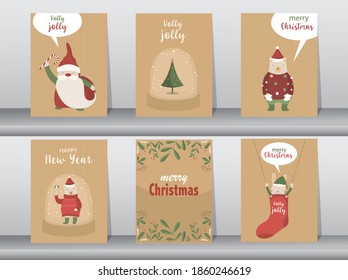 Set of  Merry christmas  background with cute santa claus and Lovely cartoon background with holiday symbols,Vector illustrations