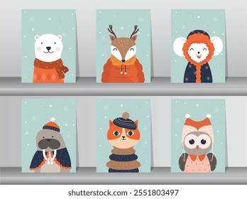 Set of Merry christmas  background with cute animal,Lovely cartoon background with holiday symbols,Vector illustrations.