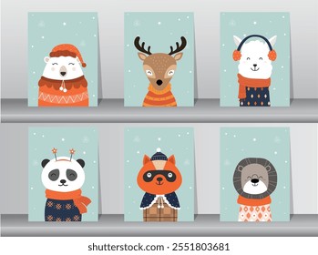 Set of Merry christmas  background with cute animal,Lovely cartoon background with holiday symbols,Vector illustrations.