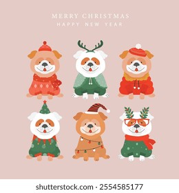 Set of Merry christmas  background with cute animal and winter clothes,puppies,dog,Vector illustrations.
