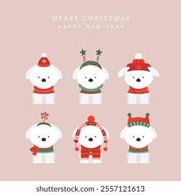 Set of Merry christmas  background with cute animal and winter clothes,puppy,dog,Vector illustrations.
