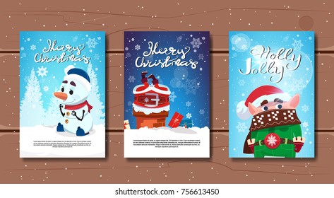 Set Of Merry Christmas Banners On Wooden Background Happy New Year Greeing Cards Collection Flat Vector Illustration