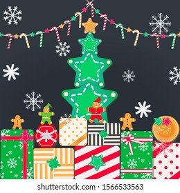 set merry Christmas with a bunch of gift boxes, a Cookie man costume in Santa Claus costumes, elf costumes, and star-shaped Christmas trees. And desserts hanging on top