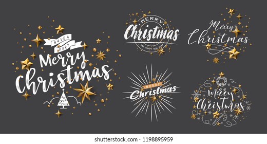 Set of Merry Christmas Calligraphic Design and Decorated with Golden Stars and Beads and pyramid on dark grey background
