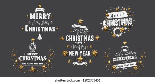 Set of Merry Christmas Calligraphic Design and Decorated with Golden Stars and Beads and pyramid on dark grey background